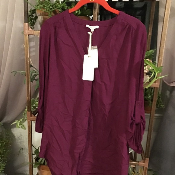 NWT Pleione Dark Purple V-Neck Mixed Media Tunic - Picture 2 of 6